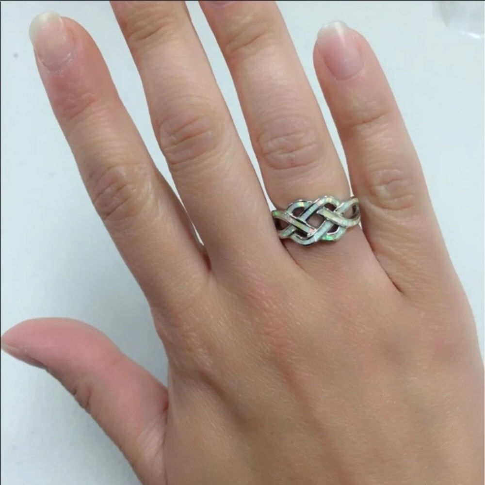 Trendy Sterling Silver Crisscross White Opal Ring